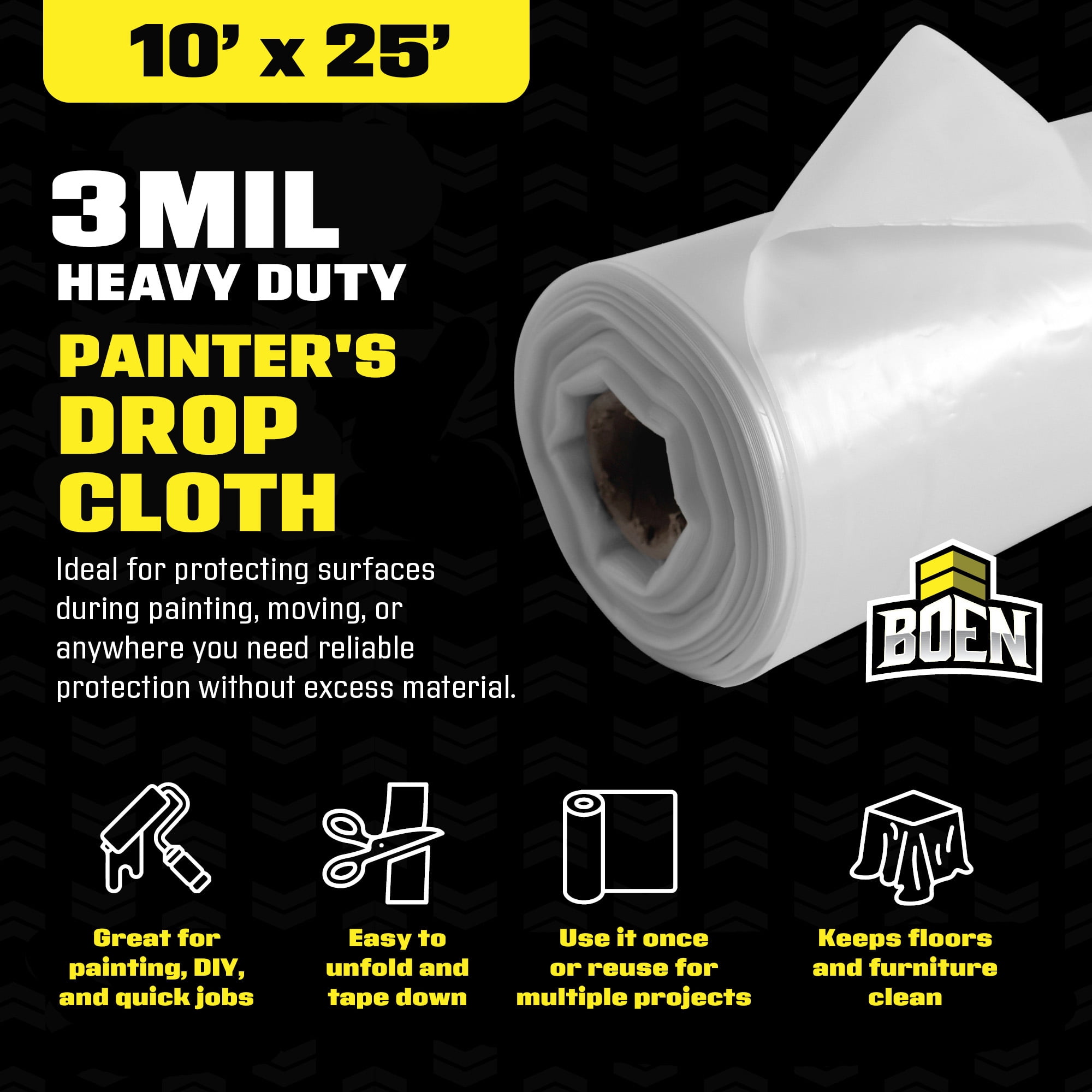 BOEN 10 ft x 25 ft Plastic Drop Cloth, 12-Pack, 3 Mil Thick, Waterproof, Disposable