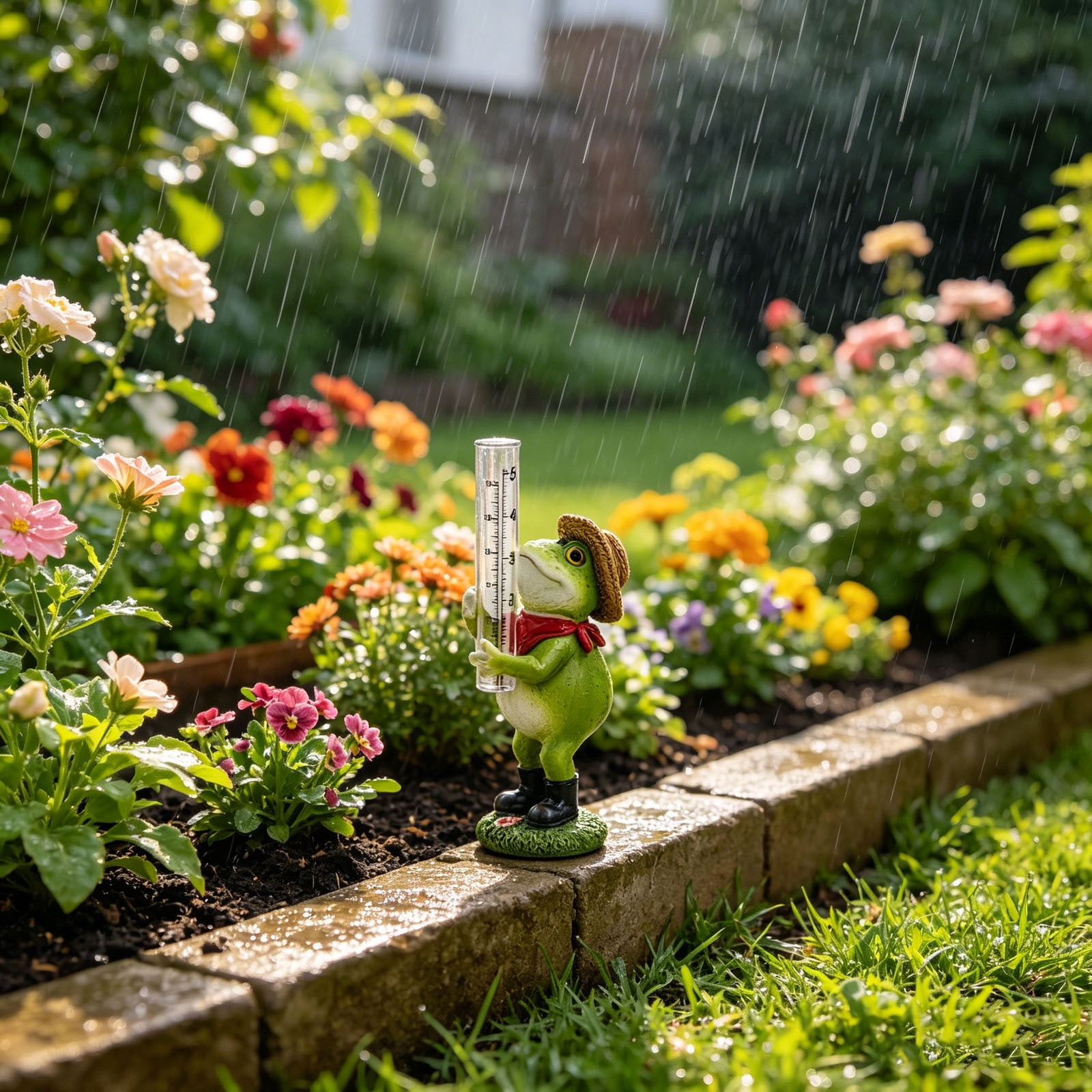 Frog Rain Gauge Garden Statue 7.1 Inch Resin Rain Gauge with 5" Transparent Tube Weatherproof Outdoor Yard Ornament for Patio Lawn Garden