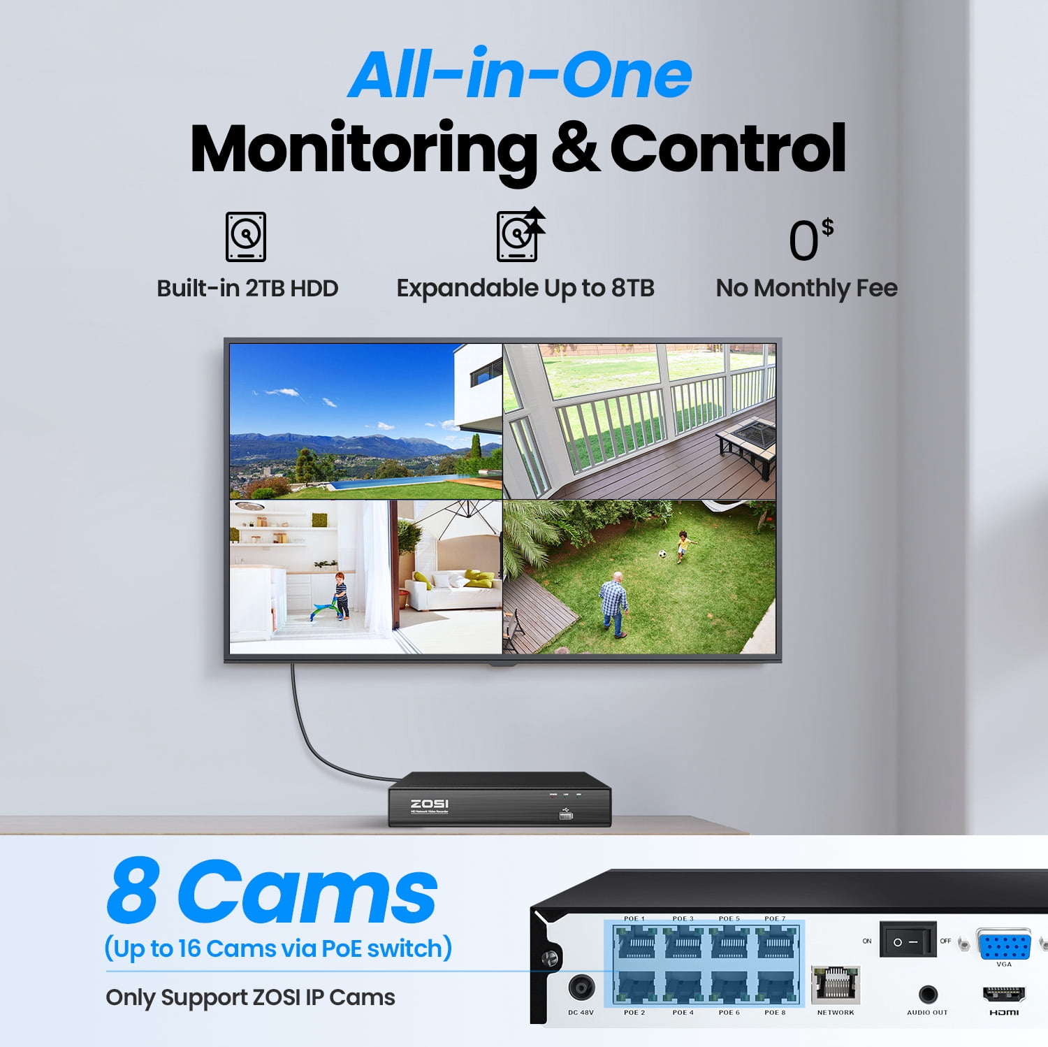 ZOSI 360°View 4K 8CH POE Security Camera System (16CH Expandable) with 2TB HDD, 4 x 8MP Wired PoE IP Dome Cameras Outdoor Indoor, AI Human/Vehicle/Face Detection, Two-Way Talk,Auto Tracking