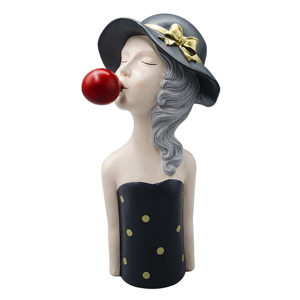 Figura de resina nórdica con burbujas de jabón, chica de pelo rizado con elegante sombrero de copa. gris