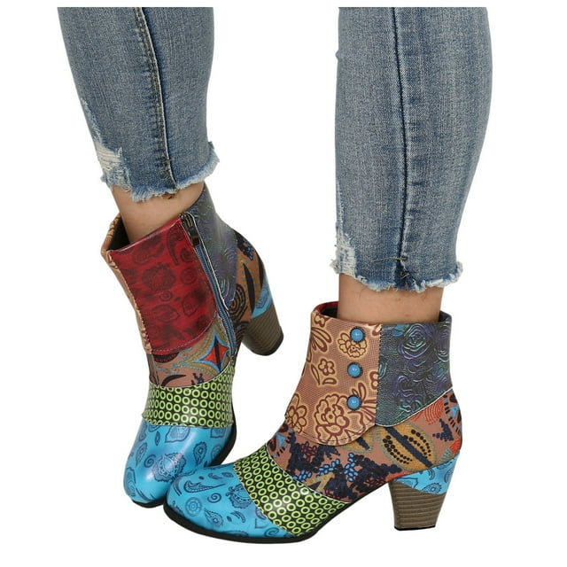 Leozcaa Bottines à Talons pour Femmes en Cuir Coloré à Bout Rond, Style Bohème, Talons Hauts Épais, Bottines Courtes Habillées