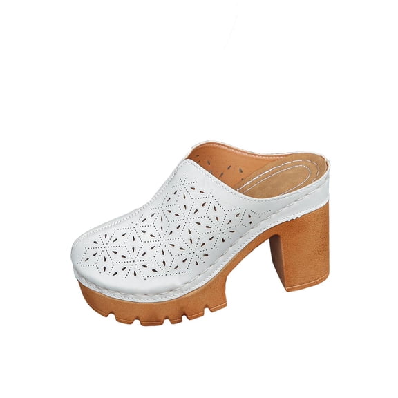 QQAMB Women’s Sandals Hollow Closed Toe Chunky Heels Mules,Summer Slip On Slides Loafer Shoes,Casual Breathable Backless Mules Sandals