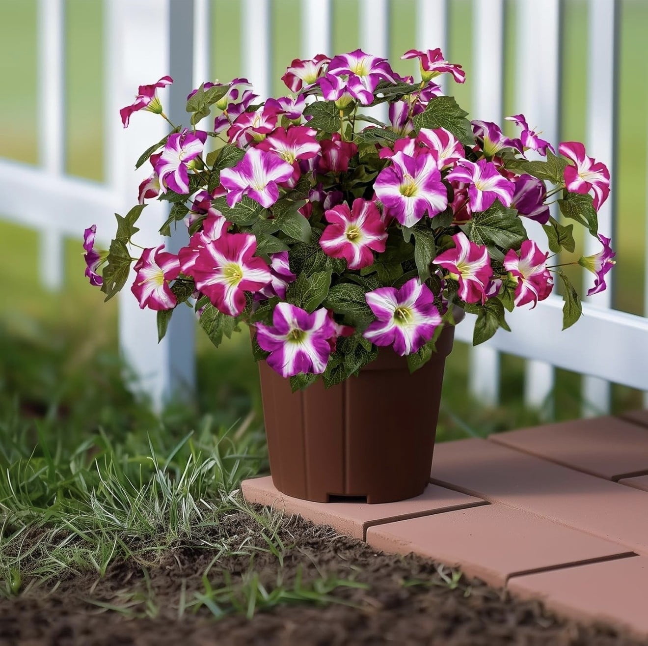 ZMKIAG UV Resistant Realistic Artificial Flowers for Outdoors – Fake Petunias Plants, Purple & White Silk Morning Glory – Faux Tropical Flowers for Planter, Porch, Patio, Yard, Garden, Window
