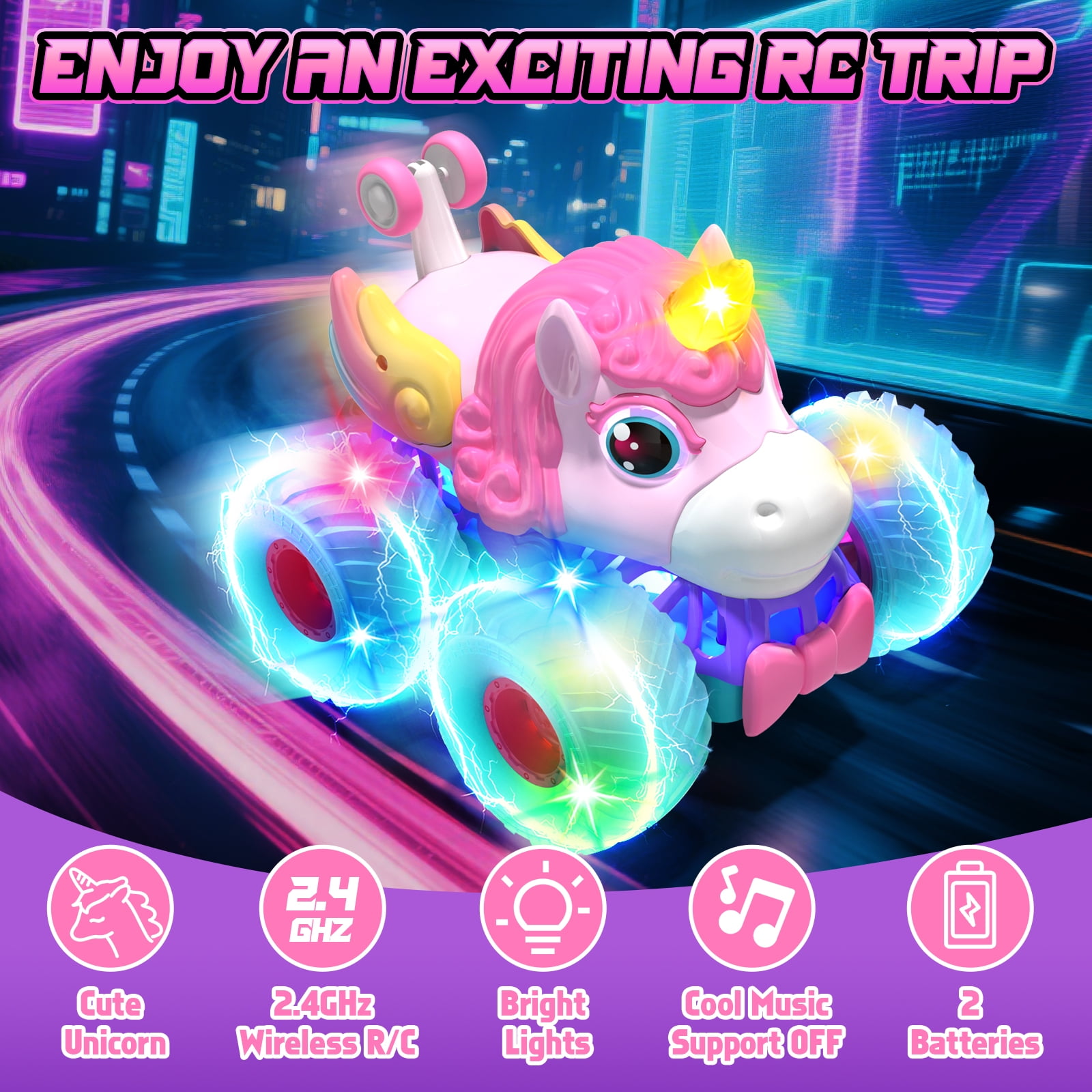 Unicorn Remote Control Cars for Girls, Remote Control Monster Truck for Girls, Pink Rc Stunt Car Unicorn Toys Cars with LED Lights for Girls Age 4 5 6 7 8 9 10 11 12