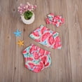thumbnail image 4 of Bagilaanoe 3pcs Newborn Baby Girl Short Pants Set Watermelon Print Off Shoulder Crop Tops + Shorts Bottom + Headband 6M 12M 18M 24M Infant Casual Summer Outfits, 4 of 8
