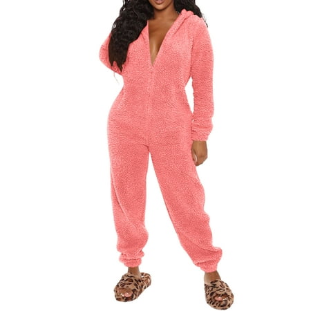 

Fsqjgq Fuzzy Zip Up Hoodie Women Artificial Wool Pajamas Casual Solid Color Zipper Loose Hooded Jumpsuit Pajamas Casual Winter Warm Rompe Cute Ears Sleepwear Womens Fleece Long Coat Pink Xxxxxl