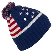 Best Winter Hats Adult American/Americana Flag Cuffed Knit Beanie W/Pom Pom (One Size) - Navy/Beige