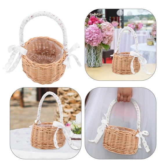 FRCOLOR  Basket with Handle Flower Woven Storage Decor Straw Decoration Bride Shopping Khaki