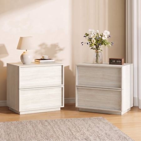 Treocho Nightstands with 2 Drawers Set of 2 Compact Wooden Bedside Table Modern Scandinavian Storage Cabinet with Concealed Handles for Bedroom Living Room Hallway Nursery White