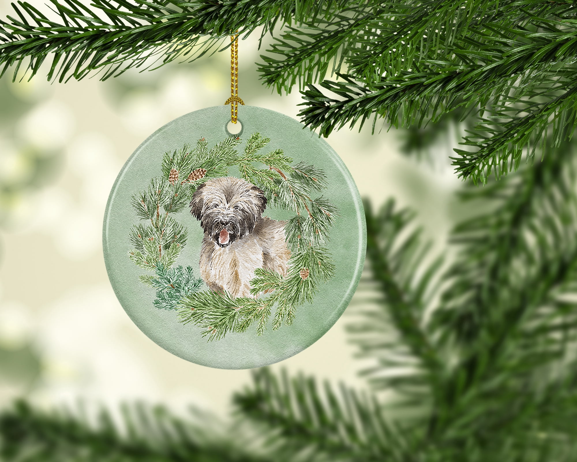 Briard Puppy Smiling Christmas Wreath Ceramic Ornament 2.8 in x 2.8 in