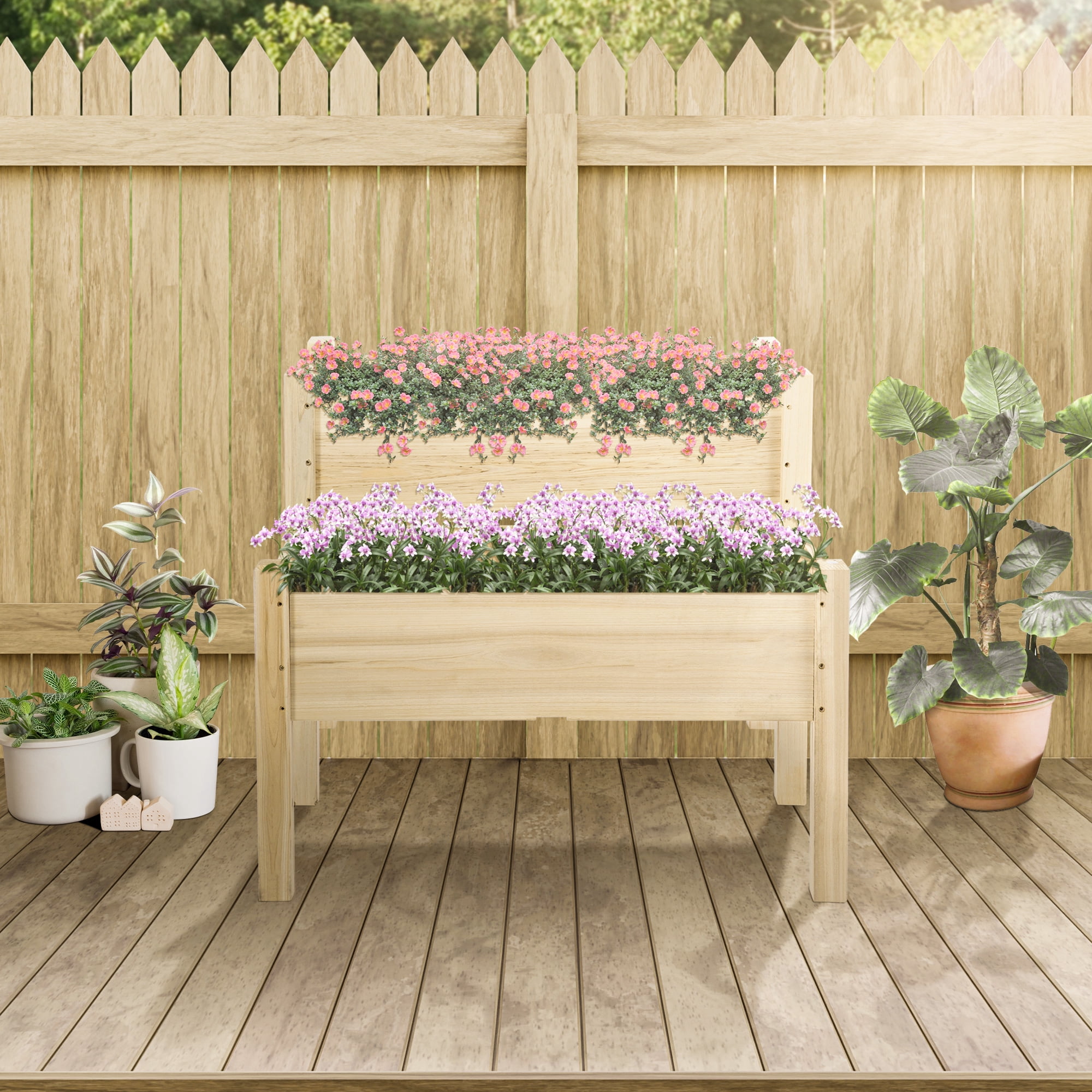 AsterOutdoor Raised Garden Bed 2-Tier Elevated Planter Box Fir Wood, 34" x 34" x 28"