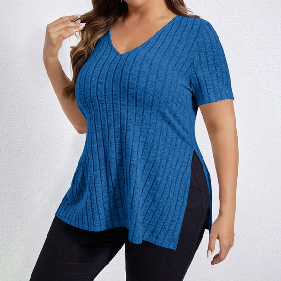 Soki T-Shirts à Manches Courtes pour Femmes Col en V Grande Taille Chandails à Enfiler Hauts Blouses