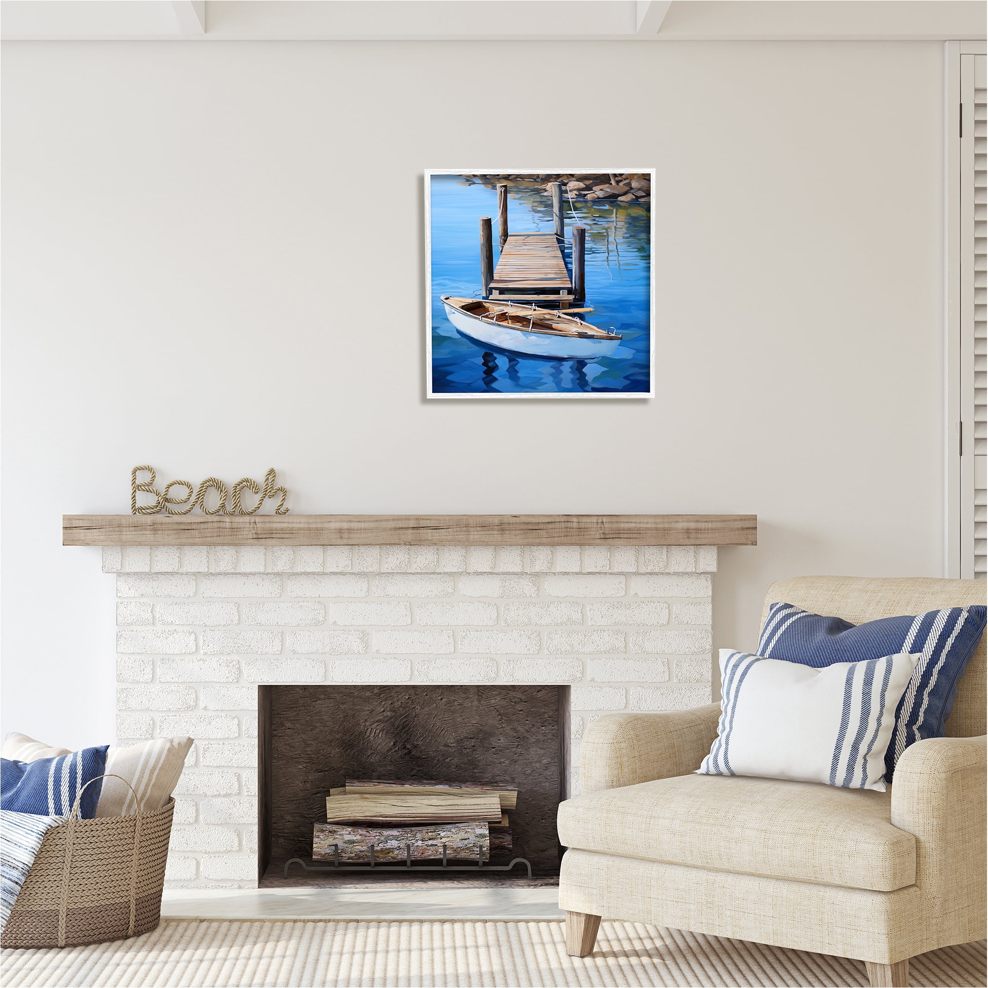 Stupell Industries Boat & Dock Painting Landscape Painting White Framed Art Print Wall Art, 24 x 24