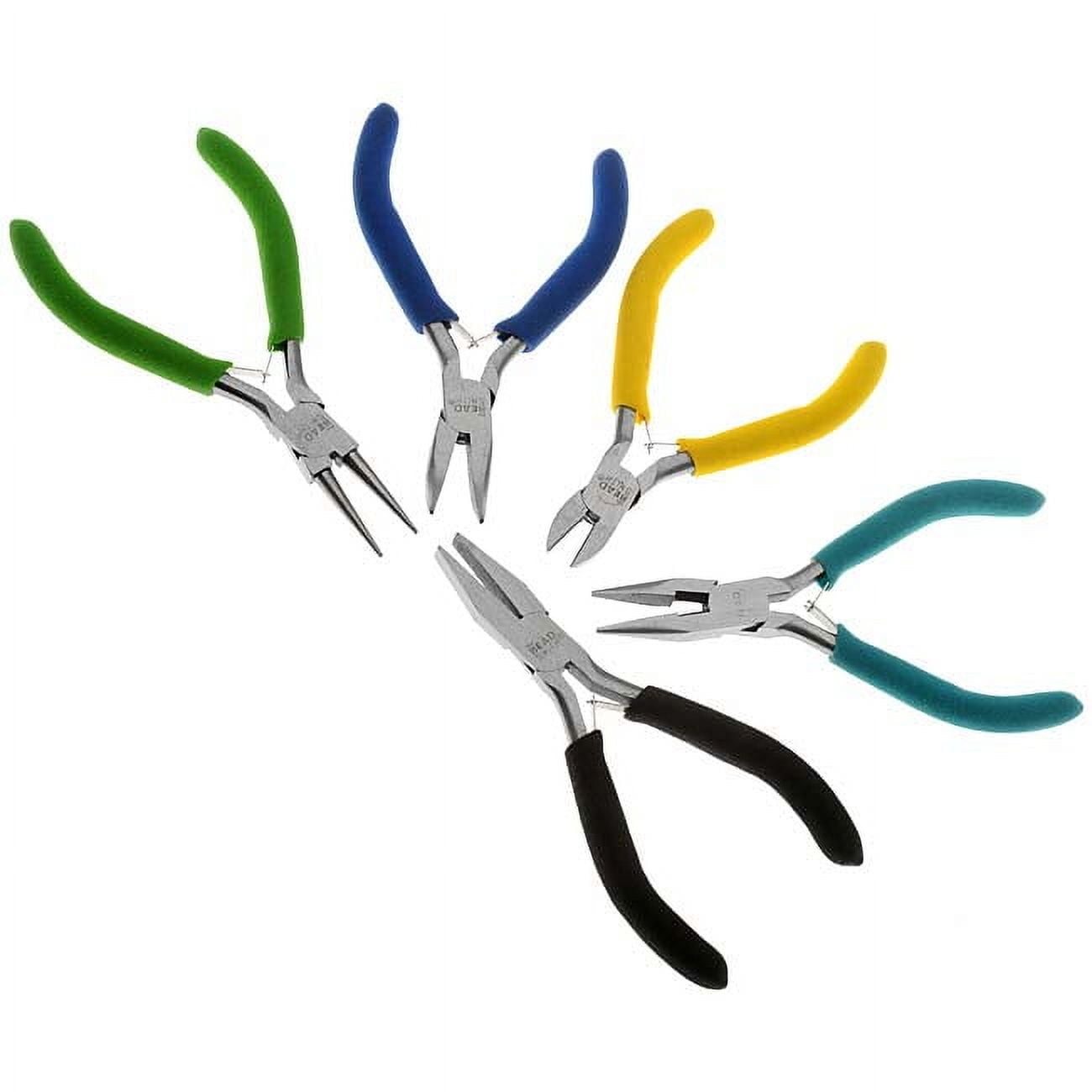 The Beadsmith 5-piece Color ID plier set including Round Nose, Chain Nose, Flat Nose, Bent Chain Nose and Side Cutter, 5 inches, double-leaf spring