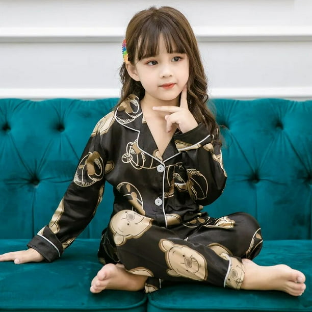 Pijamas de satén de Color liso para niños, ropa de dormir de Mickey de seda con pantalones, conjuntos de pijama de dibujos animados para niñas de 3 a 14 años