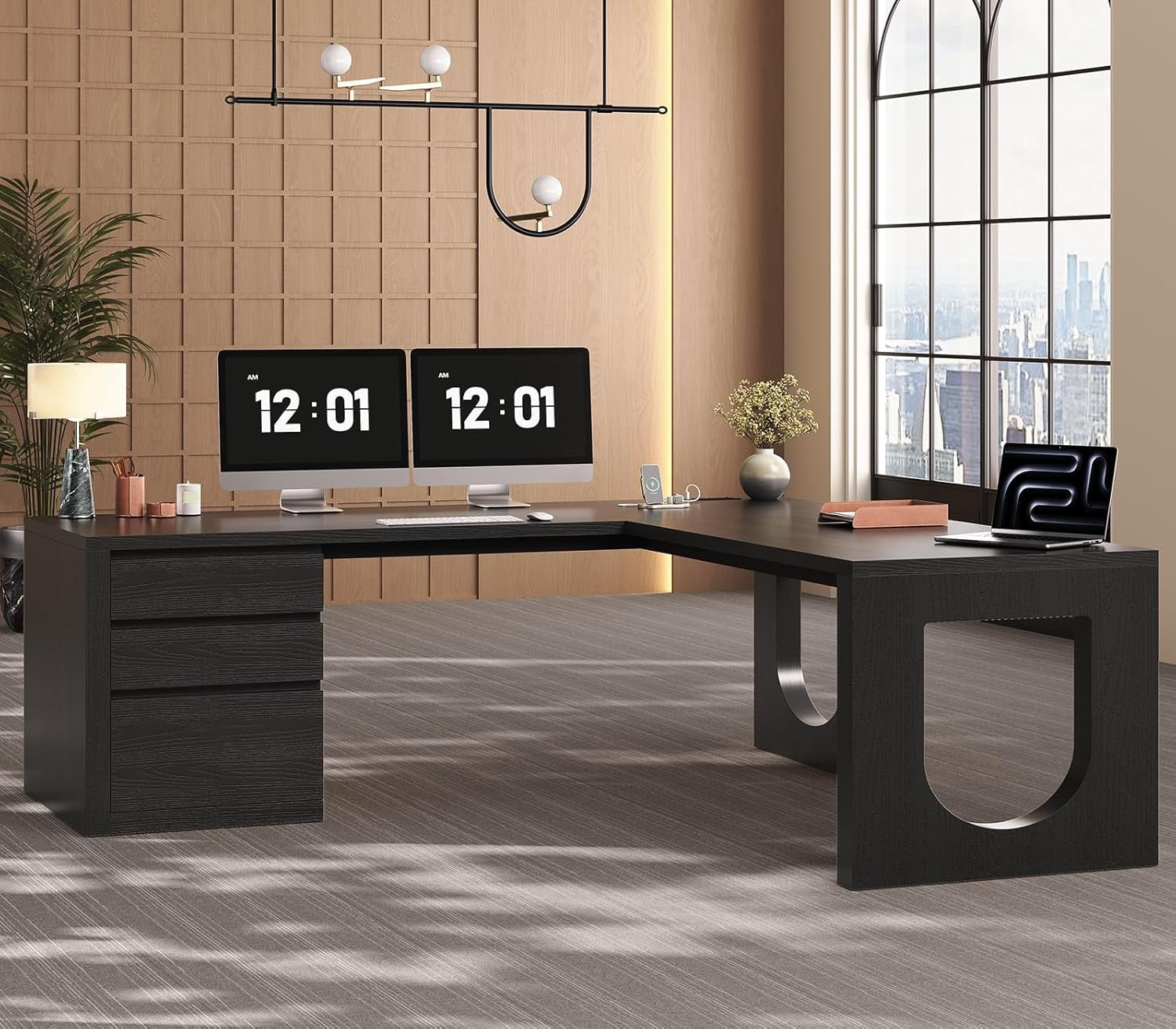 63" L Shaped Computer Desk with 3 Drawers, Modern Wood Corner Office Desk with U-Shaped Legs & Relief Texture, Executive Desk