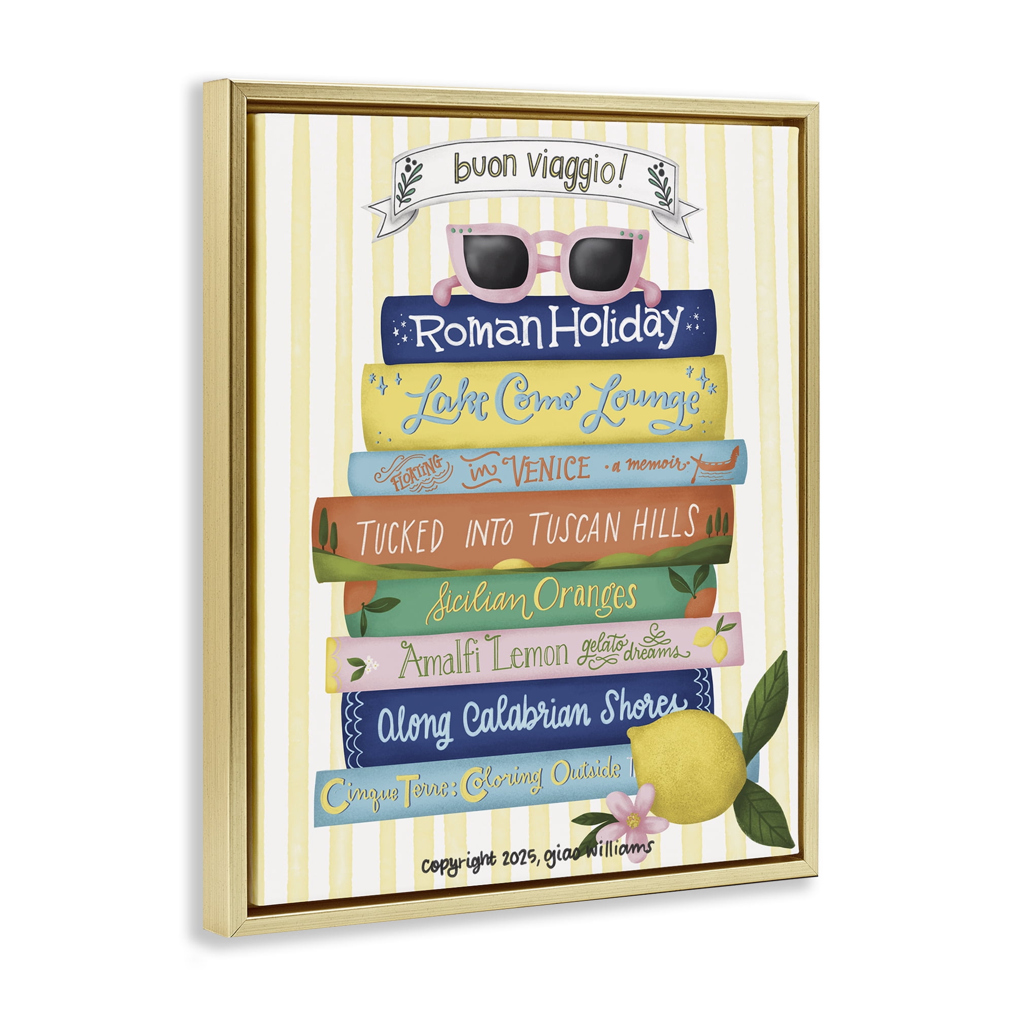 Stupell Industries Buon Viaggio Travel Books Gold Framed Floater Canvas Wall Art, design by Giao Williams