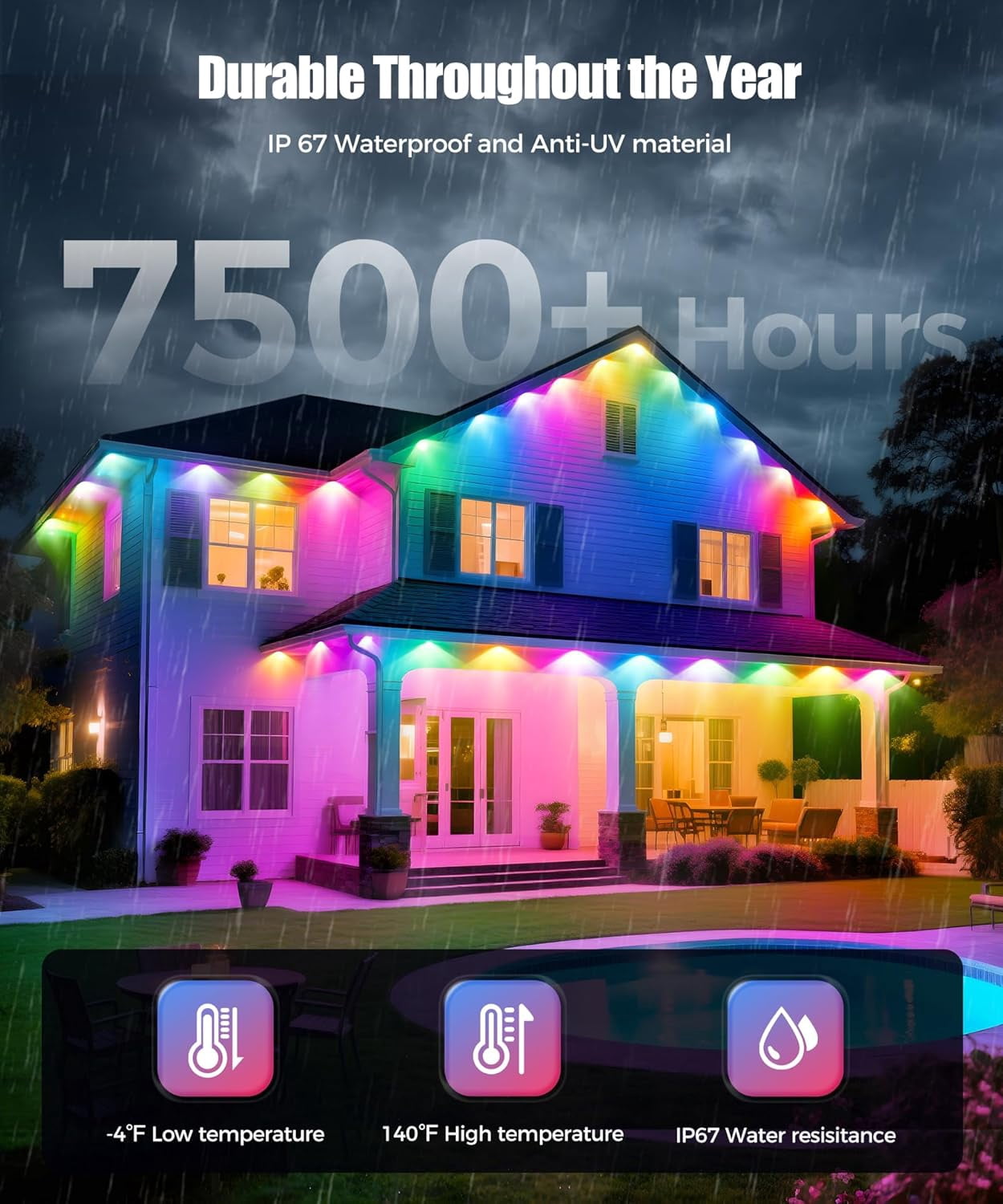 Permanent Outdoor Lights 50ft with 30 LED Lights,Smart RGB+IC Eaves Lights with 75 Scene Modes,IP67 Waterproof for Christmas, Holiday Decor, White