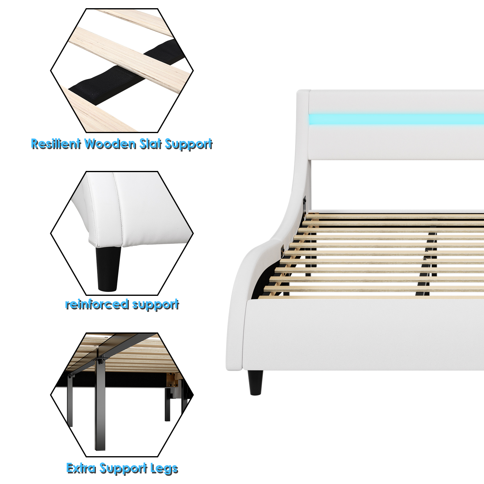 Homfa Full Size Bed Frame, 16 Colors Led Wooden Platform Bed Frame with Adjustable Upholstered Headboard, White - image 3 of 8