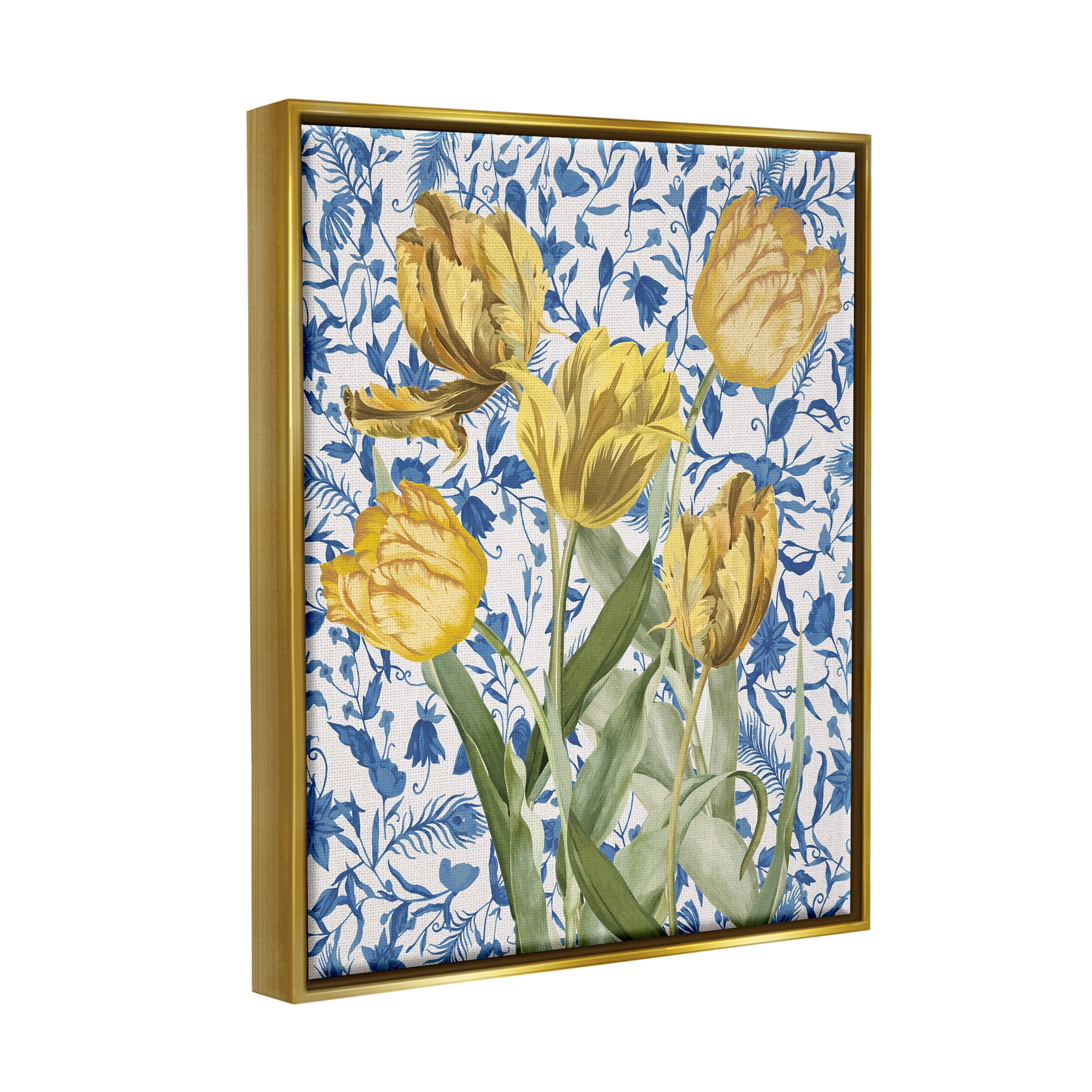 Stupell Industries Tulips on Blue Toile Botanical & Floral Painting Gold Floater Framed Canvas Art Print Wall Art, 17 x 21