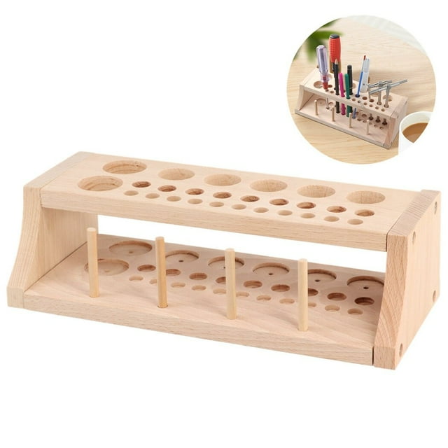 Portaherramientas de cuero de madera, soporte de estante para herramientas artesanales de cuero de madera con 46 orificios, caja de almacenamiento de herramientas de cuero de madera para herramientas