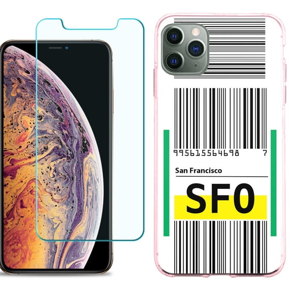 For Apple iPhone 11 Pro Max Case , Slim-Fit TPU Protective Phone Case (Pink Bezel) with Tempered Glass Screen Protector, by OneToughShield ® - Airport Tag / San Francisco