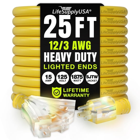 25ft Outdoor/Indoor Extension Cord 3-Outlet 12/3 Gauge Extra Heavy Duty 3 Prong SJTW, Waterproof, Flexible Cold-Resistant Long Power Cord,15A 125V 1875W, Yellow by LifeSupplyUSA