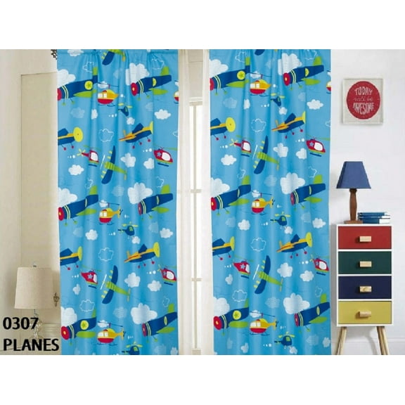 4 Piece Kids Boys Window Curtain Panels with tiebacks, Blue Multicolor Planes Print Boys Kids Print Window Curtain for Boys Kids, Green Teens Kids Room Décor, Planes Curtains