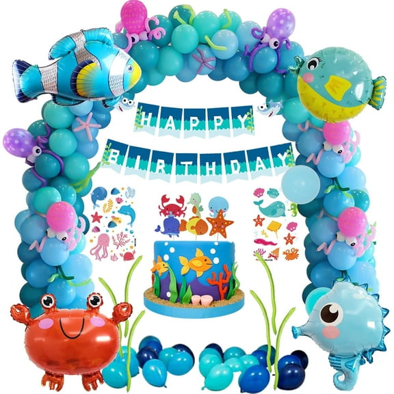 Under the Sea Party Decorations, Birthday Decorations for Kids Boys, Balloon Arch Kit with Happy Birthday Banner, Ocean Animals Balloons Party Decoration Supplies