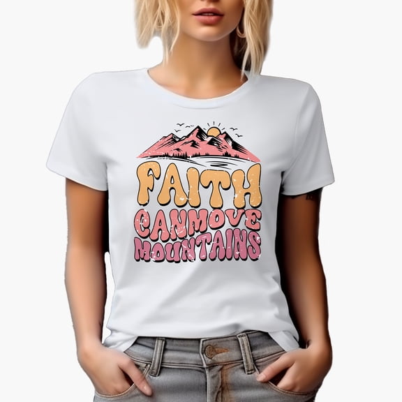 Distressed Faith Can Move Mountains - Retro Wavy Text Art Merch Gift, White T-Shirt, Small