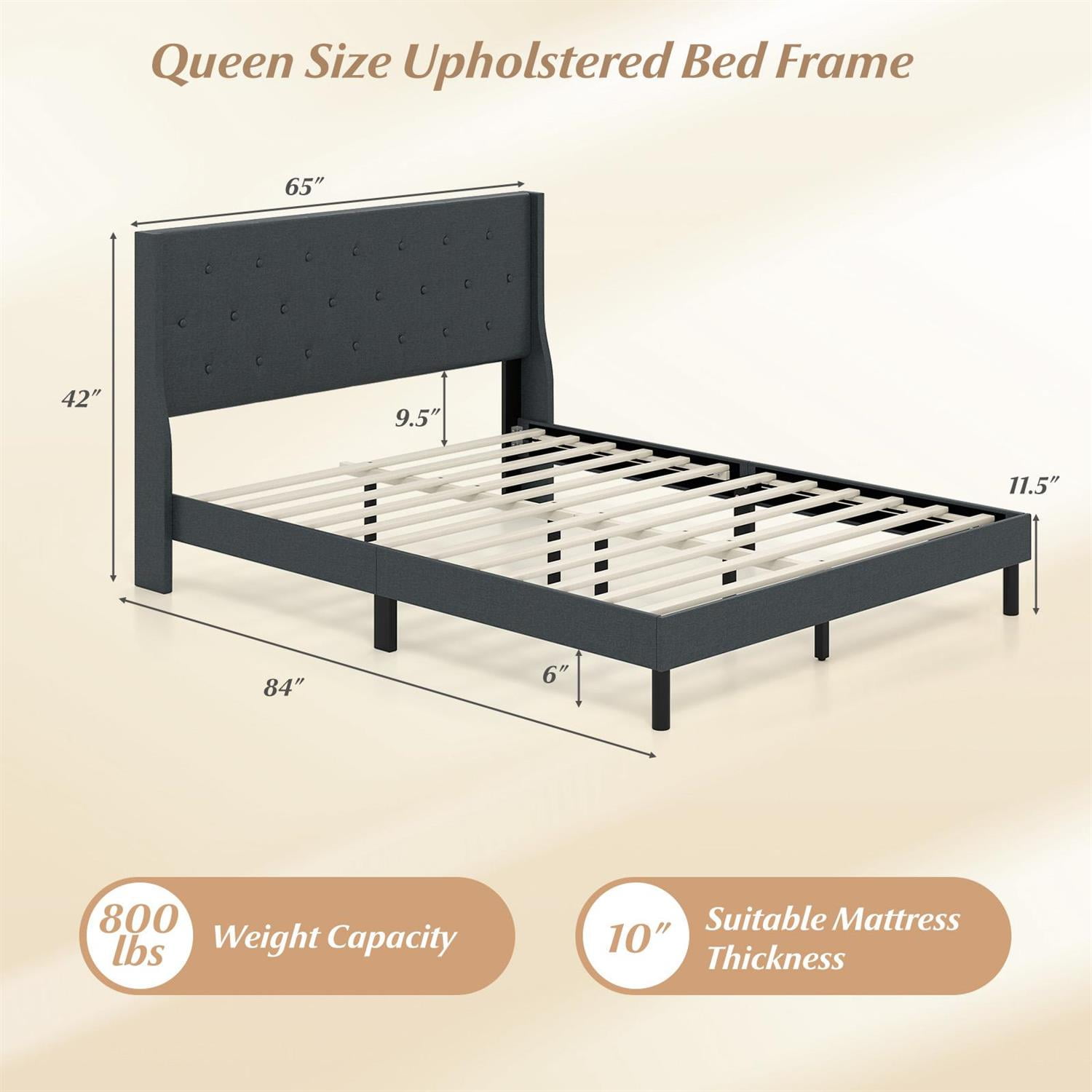 Spaco Queen Size Upholstered Bed Frame, Button Tufted Wingback Headboard, Linen Fabric & Foam, Rubber Wood Legs + Middle Support, Gray
