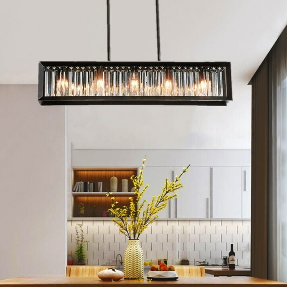 FINE MAKER Crystal Chandelier Rectangle Luxury Ceiling Hanging Light 5 Light Metal Black Frame Pendant Light Fixture for Dining Room Kitchen Restaurant 36 inch