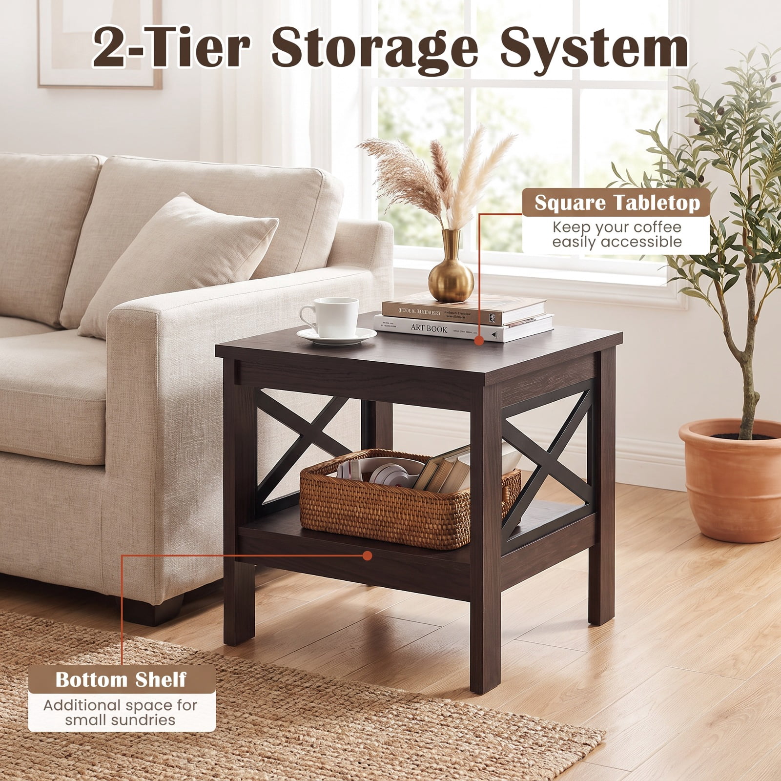 Furnibear 2 Tier Square Side Table with Storage Shelf and Farmhouse X Frame for Bedroom Living Room and Sofa Side, Brown