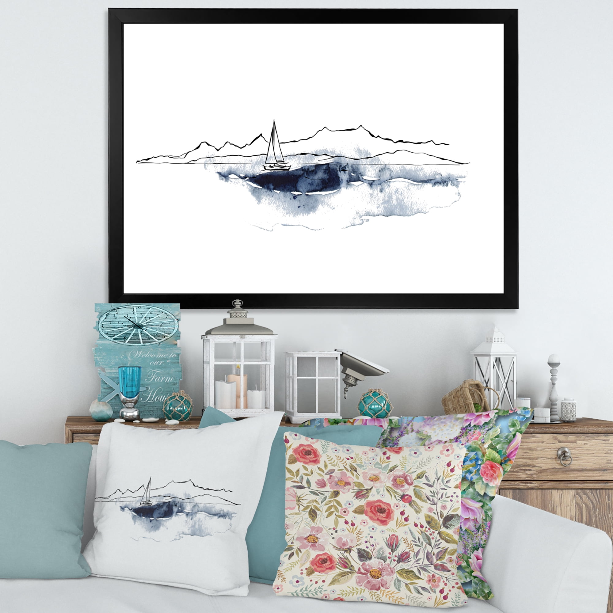 Designart 'Minimalistic Seascape With Boat and Black Mountains' Nautical & Coastal Framed Art Print