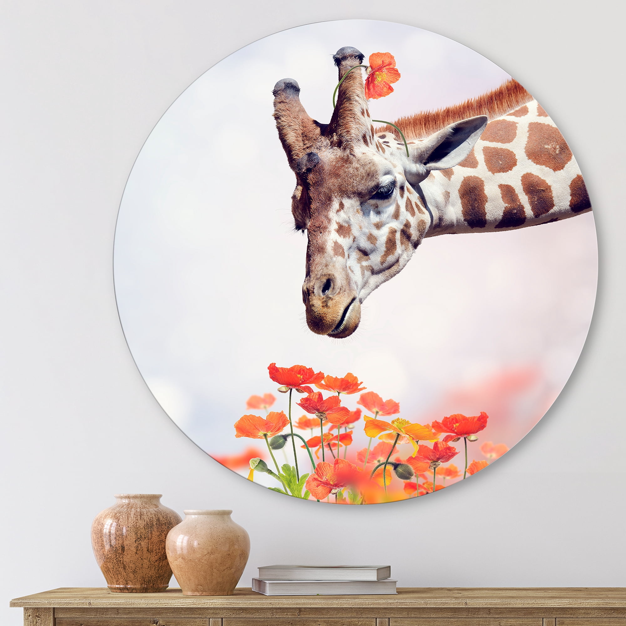 Designart 'Portrait of A Giraffe With Orange Flowers' Farmhouse Circle Metal Wall Art 23x23 - Disc of 23