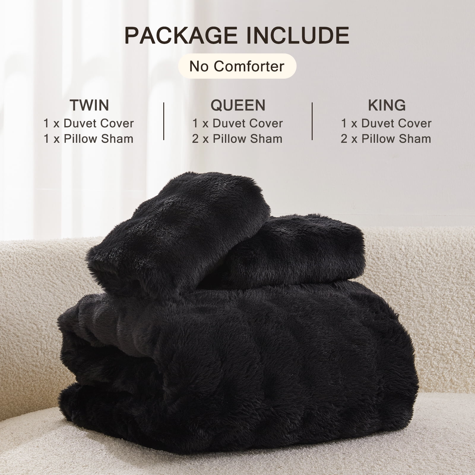 EMME Faux Fur Duvet Cover Twin-XL Size, 2 Pieces Ultra Soft Fluffy Comforter Cover, Cozy Warm for Winter, Luxury Shaggy Bubble Bedding Sets , 1 Duvet Cover & 1 Pillow Shams (Twin-XL,Black)