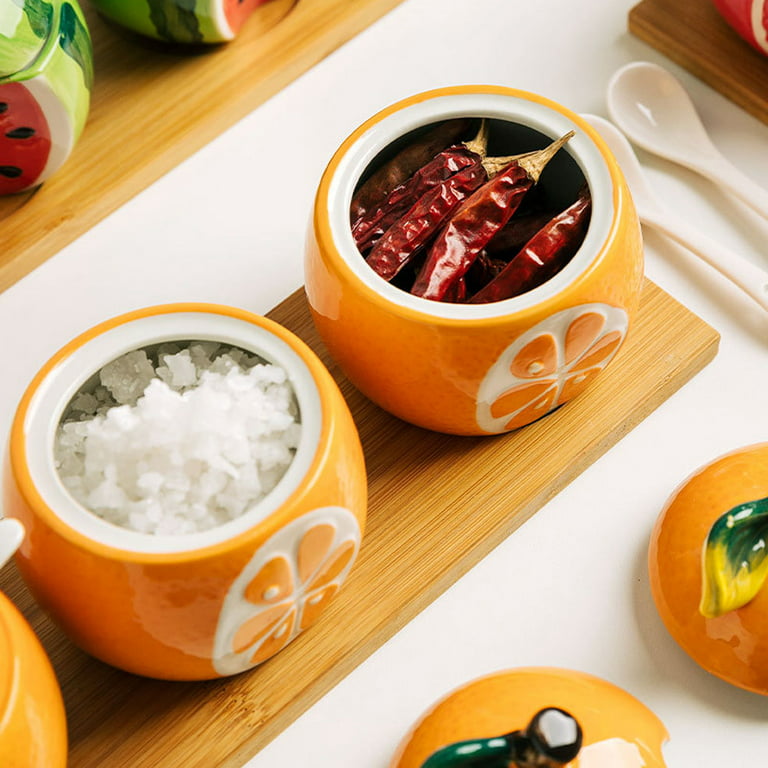 KEMAXI Ceramics Fruit Shaped Sugar Bowl Salt Pot Pepper Storage Jar with  Lid and Spoon Seasoning Box Condiment Pots (Yellow Pomelo) - Yahoo Shopping