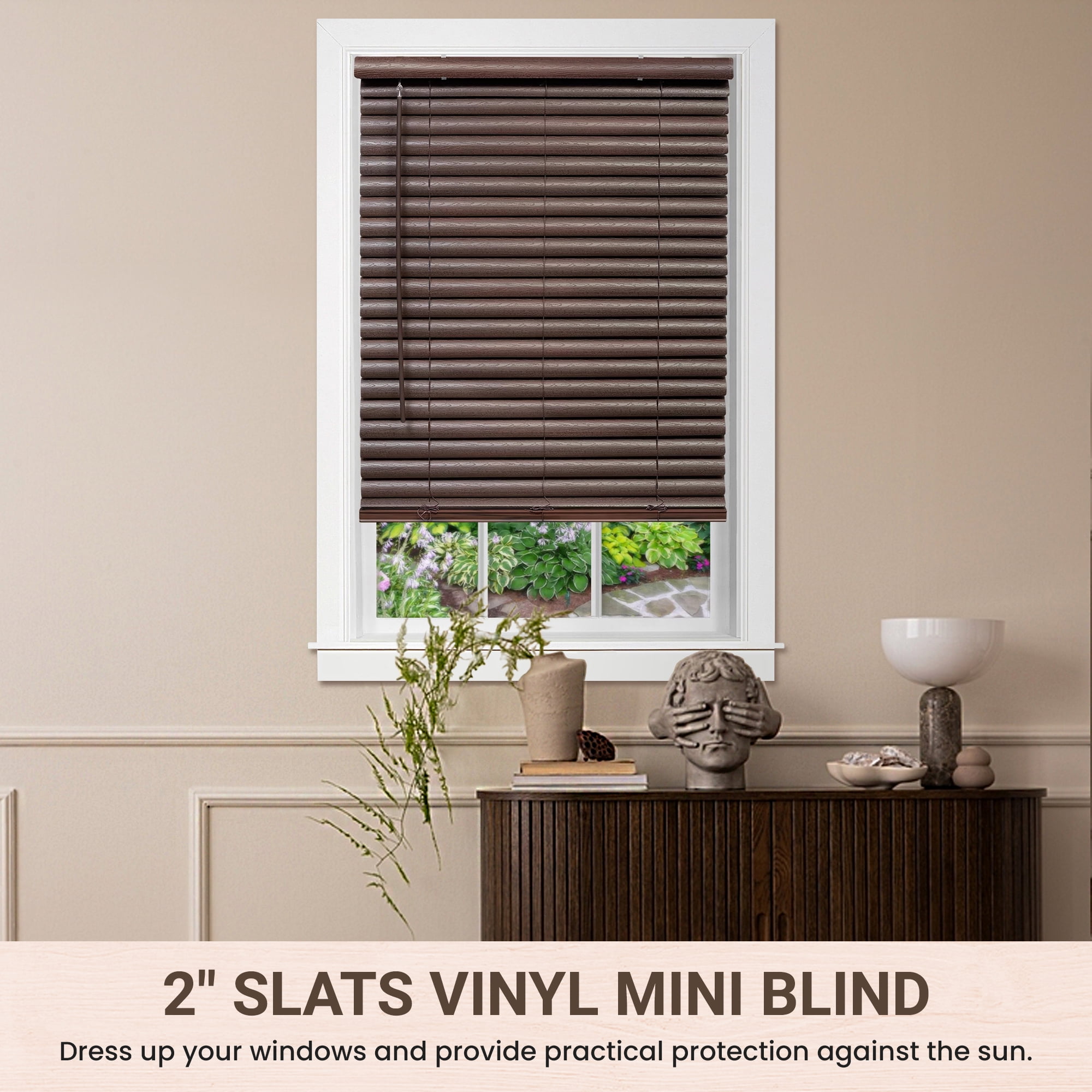 PowerSellerUSA Cordless Window Blinds, 2" Slats Vinyl Mini Blind, Premium Embossed Woodgrain, Anti-UV Window Treatment, Mahogany, 30" Width x 64" Length, (Fits windows 23" - 64")