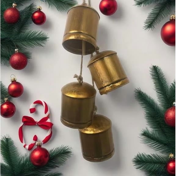 Christmas Cow Bells Decoration Solid Iron Rustic Jute Rope Natural Wood Distressed Style Windchime Farmhouse Outdoor Indoor Cozy Garden Entry Console Mantel Wall Hanging Gift