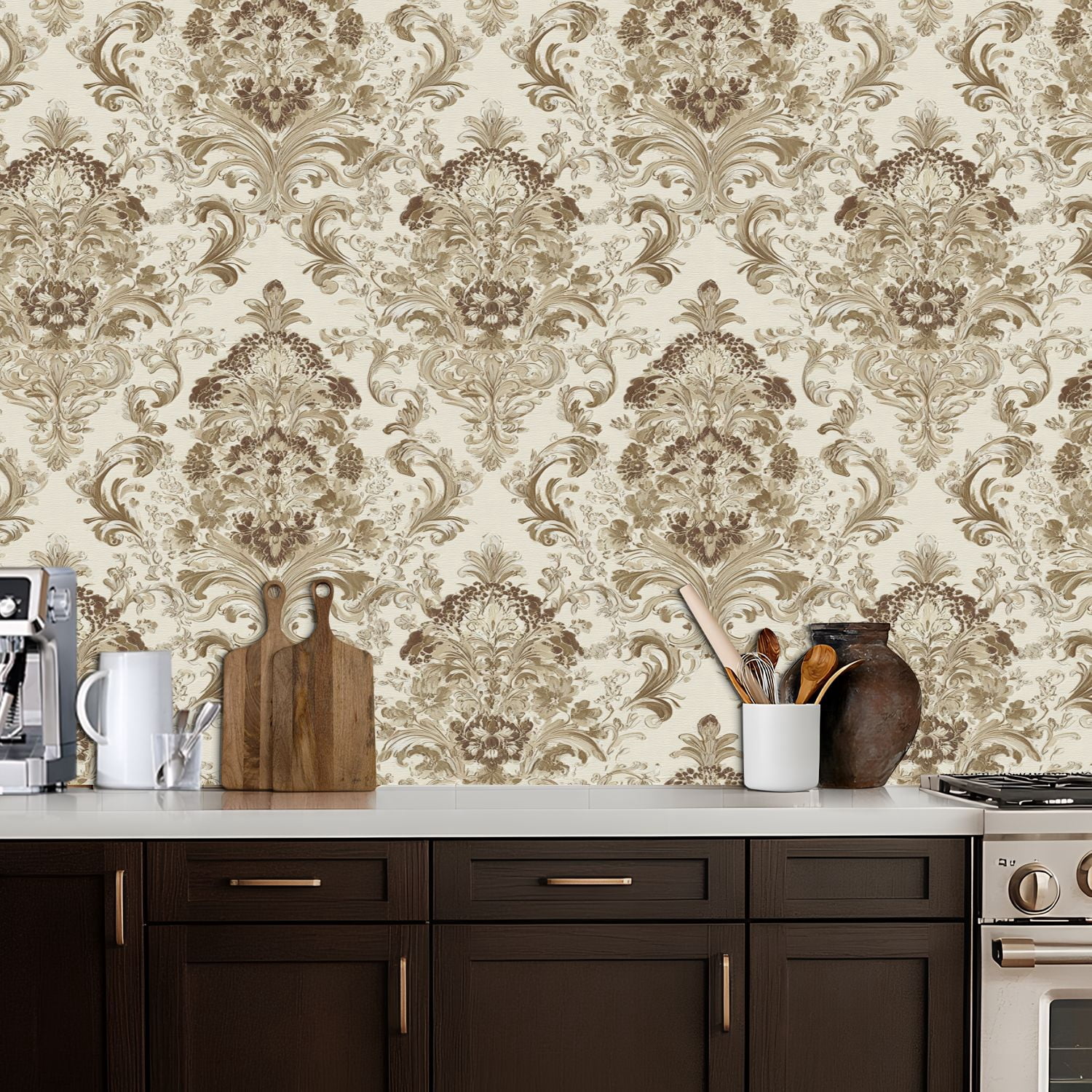 Vintage Peel and Stick Wallpaper 17.7in x 9.8ft Elegant Baroque Floral Damask Earth Tones Contact Paper Vinyl Waterproof Self Adhesive Wall Paper for Bedroom Shelf Cabinet Renter Friendly