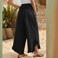 thumbnail image 4 of Women Cotton Linen Pants Summer Wide Leg Pants Smocked Waist Ruffle Hem Pant Vacation Boho Flowy Beach Pant Black L, 4 of 8