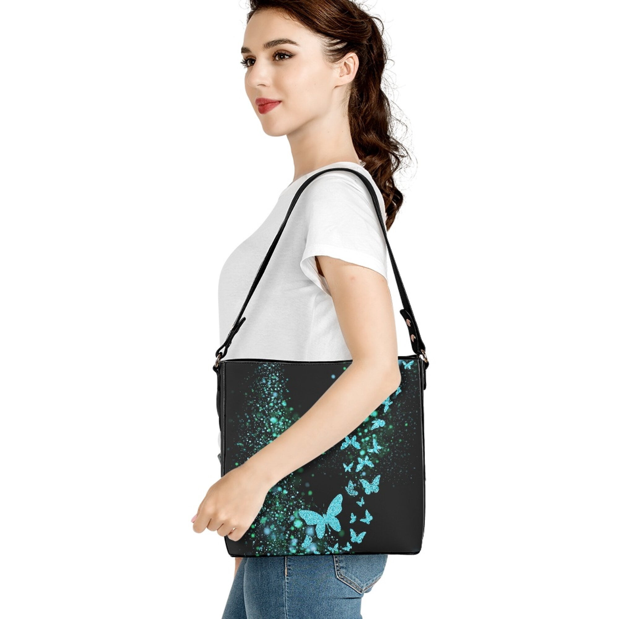 Kuiaobaty Butterfly Print Bucket Crossbody Bag for Women, Lightweight Vegan Leather Shoulder Handbag Crossbody, Casual Trendy Hobo Satchel Purse with Adjustable Strap for Travel, Black