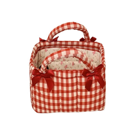Boho Gingham Fabric Storage Basket Foldable Floral Lining Handheld Organizer Bin For Cosmetic Sundry