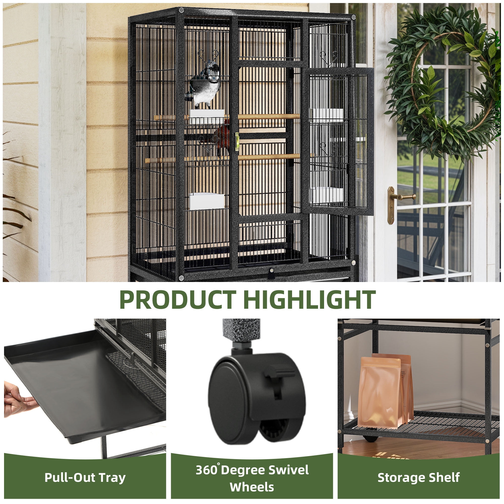 Uforic 53 Inch Sturdy Metal Bird Cage with Dual Covers, Seed Catcher & Secure Safety Lock, Storage Shelf & Slide-Out Cleaning Tray for Small Medium Birds, Black