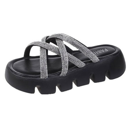 

Women s Summer Thick Bottom Slippers Round Head Bright Drill Cross Slippers Outerwear Open-toe Sandals