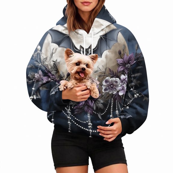 Pet Pouch Hoodie for Women, Gothic Bat Moon Floral Print Pullover Sweatshirt with Cuddle Pouch Pet Carrier Pocket