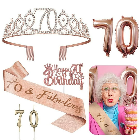 Celebrate Her 70th Birthday with a Complete Party Set: Tiara Crown, Sash, Cake Toppers, Balloons, and Candles for Unforgettable Memories and Joyful Moments