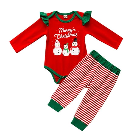 

Rovga Boy Outfit Xmas Baby Girls Long Ruffled Sleeve Letter Cute Cartoon Romper Bodysuit Tops Blouse Striped Pant Trousers Christmas Outfits Set 2Pcs