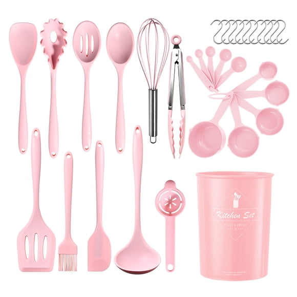 Utensilios Cocina Silicona 32 Piezas Resistente Calor Antiadherente Cucharón Espátula Batidor Medidores Rosa