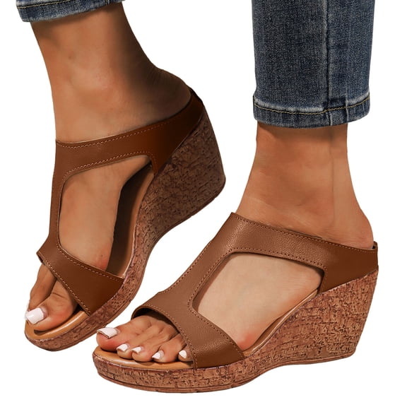 Sandals Women Cork Wedges Heels Casual Open Toe Cutout T-Strap Slides Comfortable Footbed High Heeled Mules Summer Dress Shoes Brown Size 9.5